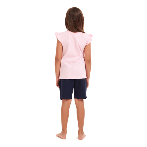 Girls summer pajama set Lazy bear t-shirt + Dark blue shorts